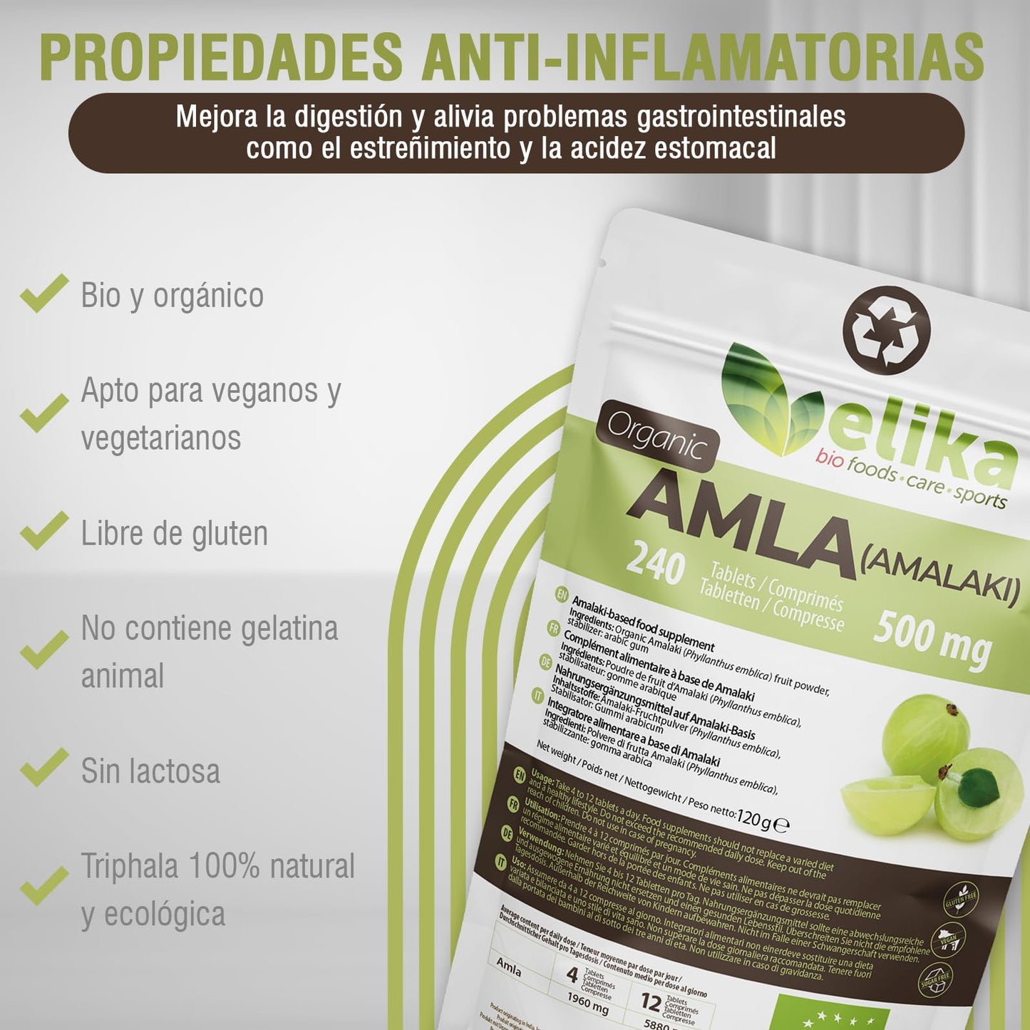 AMLA Elikafoods ® ORGÁNICA Crecimiento Cabello - Vitamina cabello - Mejora la piel y caida pelo mujer - Con Vitamina C, Zinc, Proteina, Calcio, Hierro Suplemento. Caida cabello mujer (240ud -500mg)