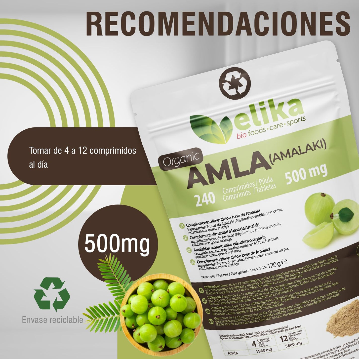 AMLA Elikafoods ® ORGÁNICA Crecimiento Cabello - Vitamina cabello - Mejora la piel y caida pelo mujer - Con Vitamina C, Zinc, Proteina, Calcio, Hierro Suplemento. Caida cabello mujer (240ud -500mg)