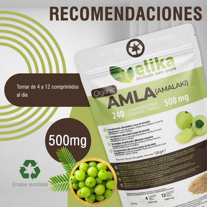 AMLA Elikafoods ® ORGÁNICA Crecimiento Cabello - Vitamina cabello - Mejora la piel y caida pelo mujer - Con Vitamina C, Zinc, Proteina, Calcio, Hierro Suplemento. Caida cabello mujer (240ud -500mg)