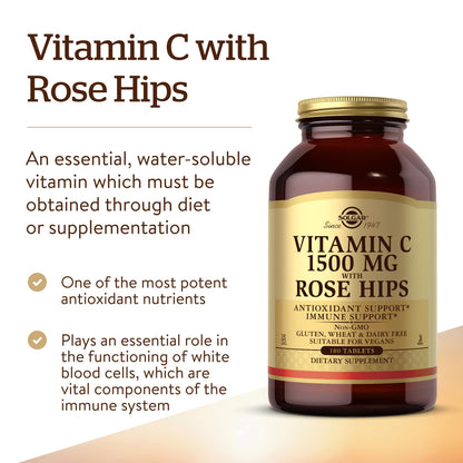 Solgar | Vitamina C con escaramujo 1500 Mg | Rose Hips | Reduce el Cansancio y la Fatiga | Estimula la Formación de Colágeno | 180 Comprimidos