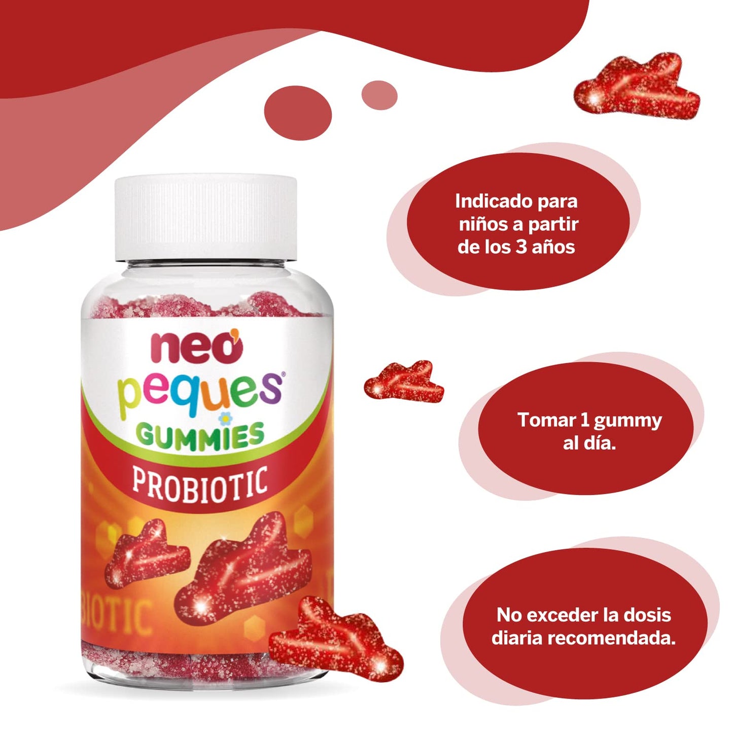 NEO PEQUES | Gummies Probiotic | 30 Gominolas | Beneficiosas para el Sistema Digestivo y las Defensas | Con Probióticos y Vitaminas del Grupo B | Caramelos Masticables para Niños | Sabor Fresa