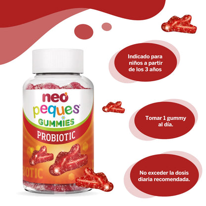 NEO PEQUES | Gummies Probiotic | 30 Gominolas | Beneficiosas para el Sistema Digestivo y las Defensas | Con Probióticos y Vitaminas del Grupo B | Caramelos Masticables para Niños | Sabor Fresa