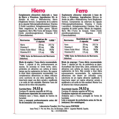 Hierro Bisglicinato con Vitamina C, B12 y Ácido Fólico | 45 Cápsulas Vegetales | Alta Absorción | Disminuye el Cansancio y la Fatiga | Laboratorios Ynsadiet