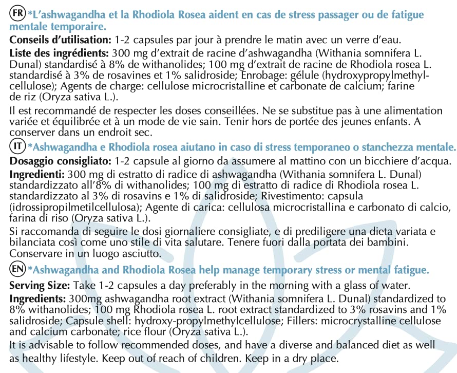 Ashwagandha y Rhodiola Rosea | Suplemento Natural para Bienestar y Relajación, Estrés - Calma y Sueño reparador | - Vegano - 30 Cápsulas | Optim Serenity