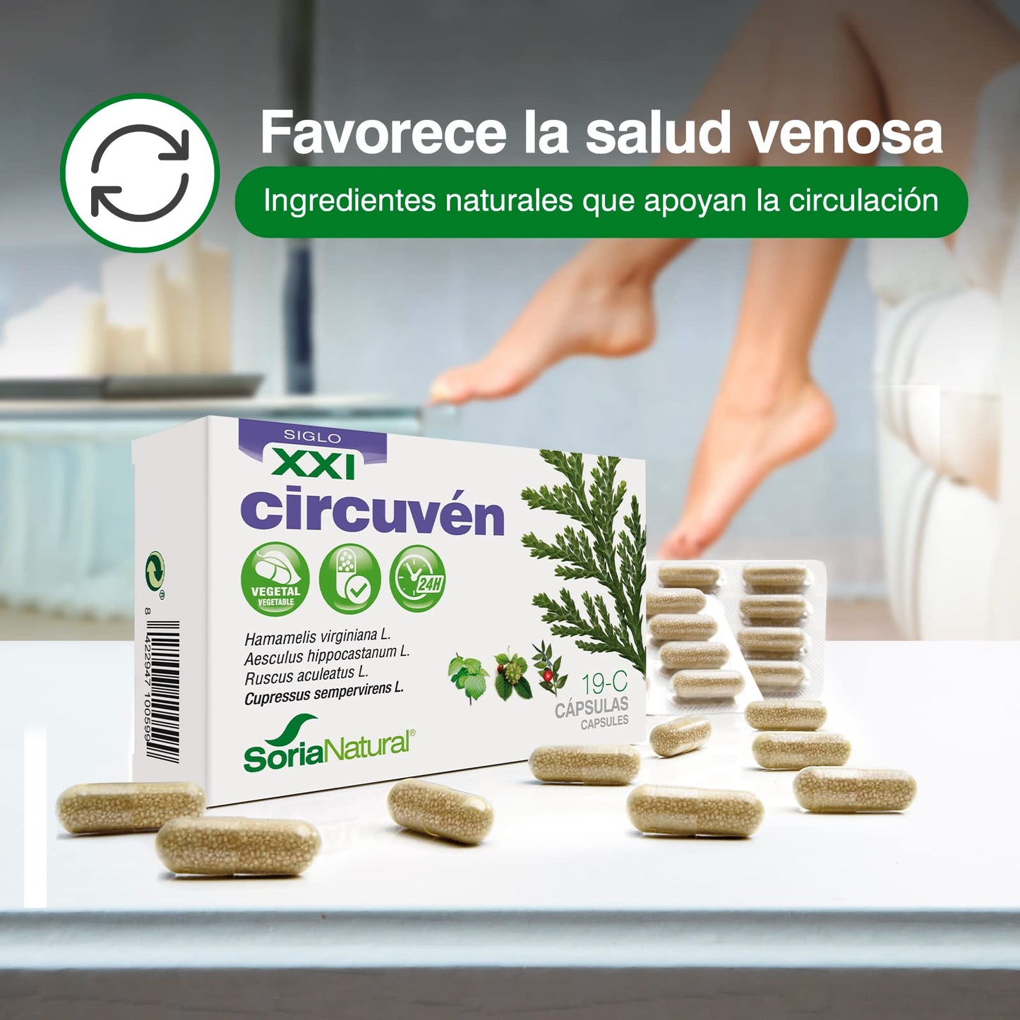 Soria Natural Circuven cápsulas - Alivio Piernas cansadas, Favorece la Circulación de Retorno - Castaño de Indias, Ciprés, Hamamelis, Rusco, Vitamina C - 30 cápsulas