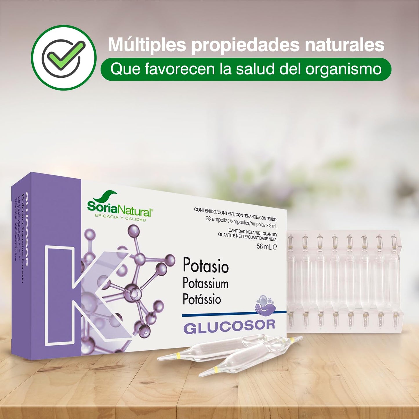 Soria Natural Glucosor Potasio - Suplemento a Base de Potasio en Ampollas – Apoya la Función Muscular, Nerviosa y Cardíaca – Ayuda a Reestablecer Electrolitos del cuerpo -Caja con 28 Ampollas de 2 ml