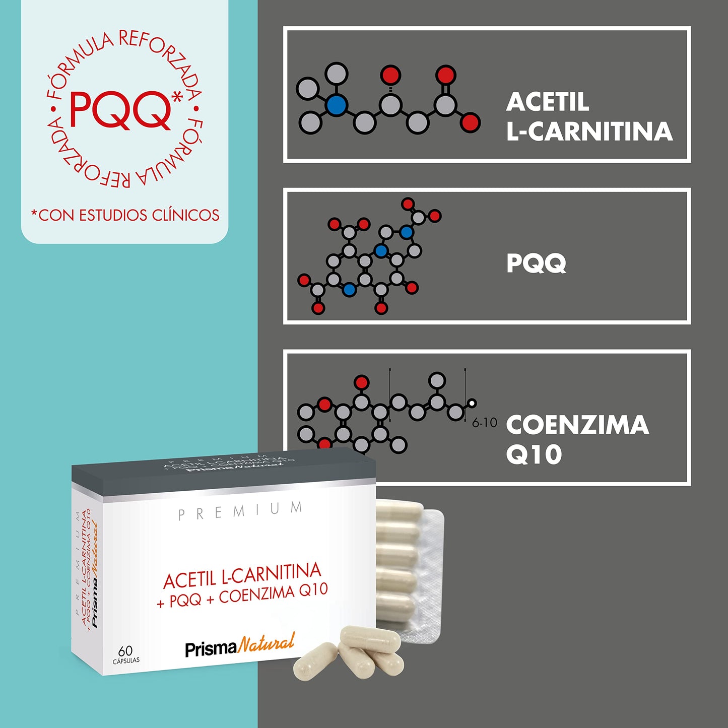 Prisma Natural Acetil L-Carnitina+Ppq+Q10 60Cap, 731.544mg