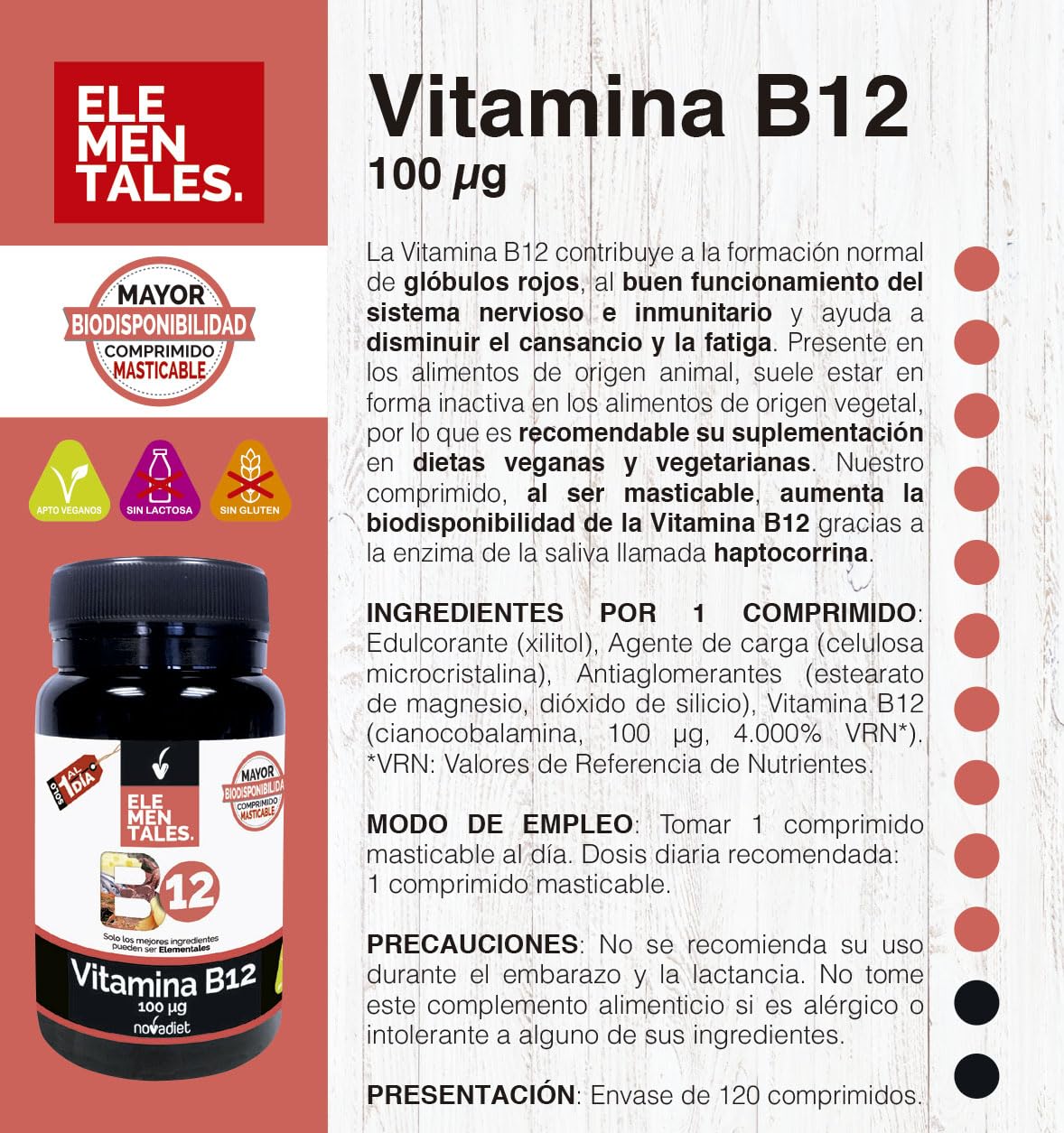 Novadiet - ELEMENTALES VITAMINA B12 100 mcg Comprimidos con Vitamina B12 - Complemento Alimenticio - Para el Sistema Nervioso y la Energía - 120 Comprimidos Masticables