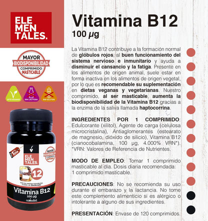 Novadiet - ELEMENTALES VITAMINA B12 100 mcg Comprimidos con Vitamina B12 - Complemento Alimenticio - Para el Sistema Nervioso y la Energía - 120 Comprimidos Masticables