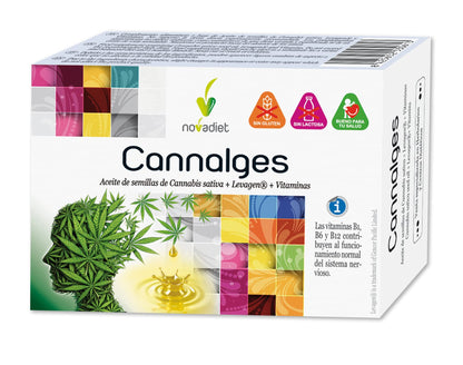 Novadiet - CANNALGES Cápsulas con Aceite de Semillas de Cannabis, Levagen y Vitaminas – Ayuda a Aliviar el Dolor y la Inflamación, al Correcto Funcionamiento Normal del Sistema Nervioso - 30 Cápsulas