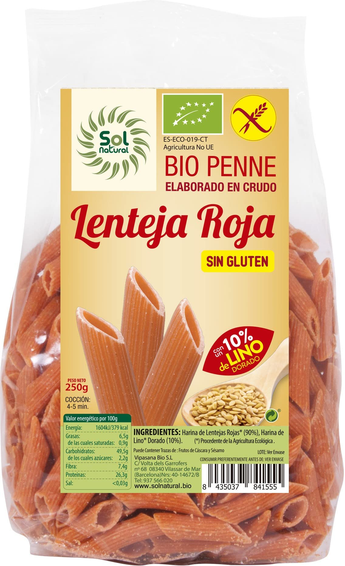 SOLNATURAL Penne LENTEJA ROJA con Lino Bio S/Gluten 250 g, No aplicable