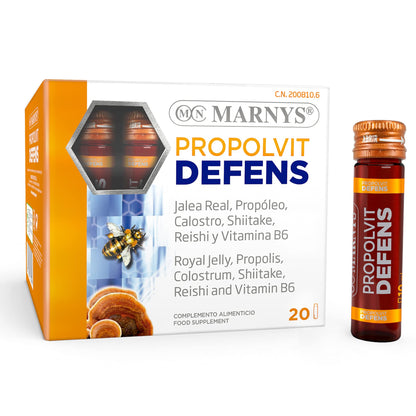 Marnys Jalea Real, Propóleo, Calostro, Reishi, Shiitake y Vitamina B6 - Propolvit Defens - Defensas para Afrontar el Cambio de Estación - 20 cómodos viales bebibles 375 g