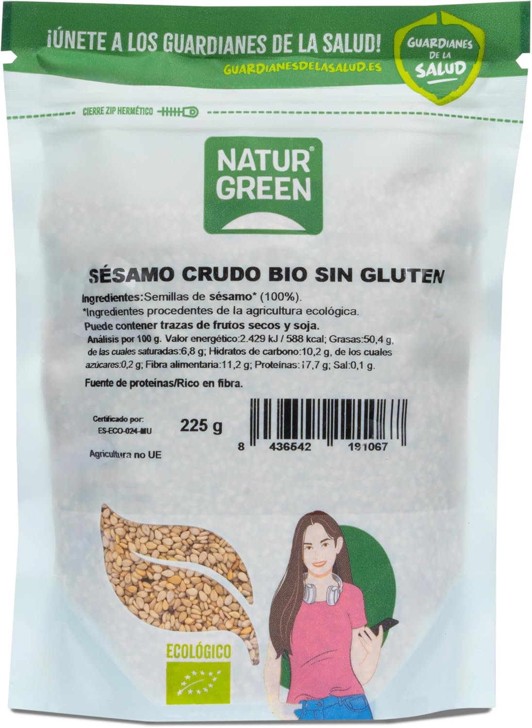 NaturGreen - Semillas de Sésamo Crudo BIO, Semillas de Ajonjolí Ecológicas, Sin Gluten - 225 g