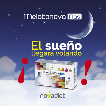 Novadiet - MELATONOVA FLAS Comprimidos de Melatonina - Complemento Alimenticio para un Sueño Reparador y Ayuda al Insomnio - Alivio del Desfase Horario - 30 Comprimidos Bucodispersables.