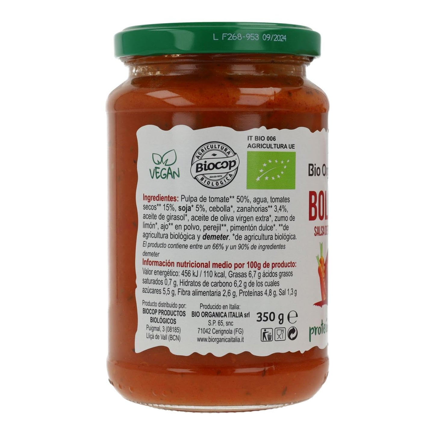 Salsa de Tomate Boloñesa Vegana Bio Organica Italia 325 ml