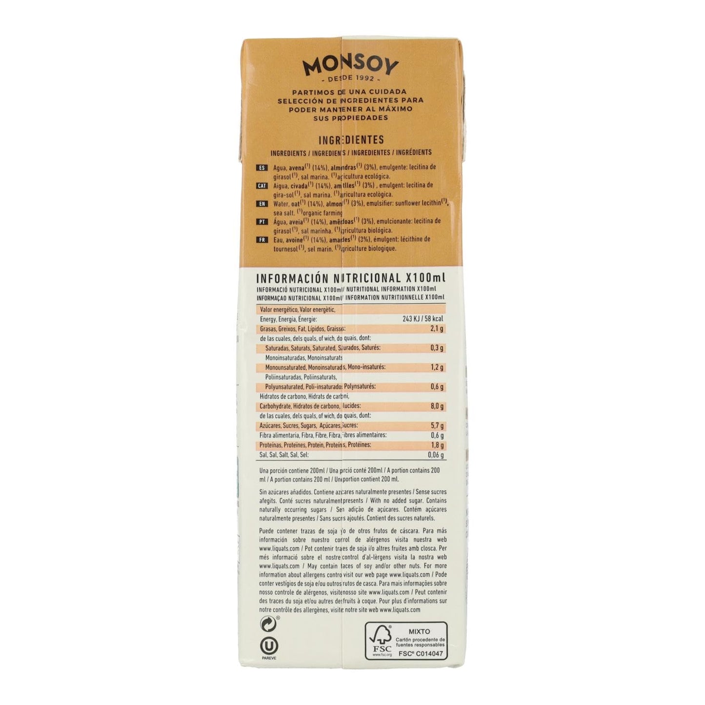 Monsoy Bebida DE Avena+ALMENDRAS Bio 1 L, Estándar, Único