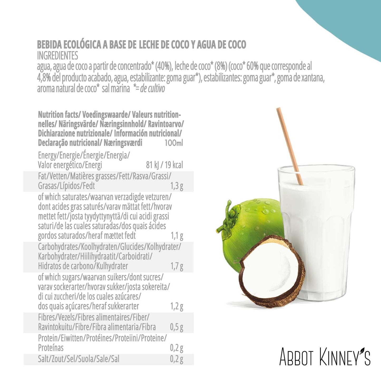 Abbot Kinney's - Pack de 6 Unidades de 1 L de Bebida Ecológica Vegetal de Coco Supreme - Sin Azúcar Añadido - Apto para Veganos - Sin Lactosa - Ideal para Tomar Sola, con Café o en Batidos