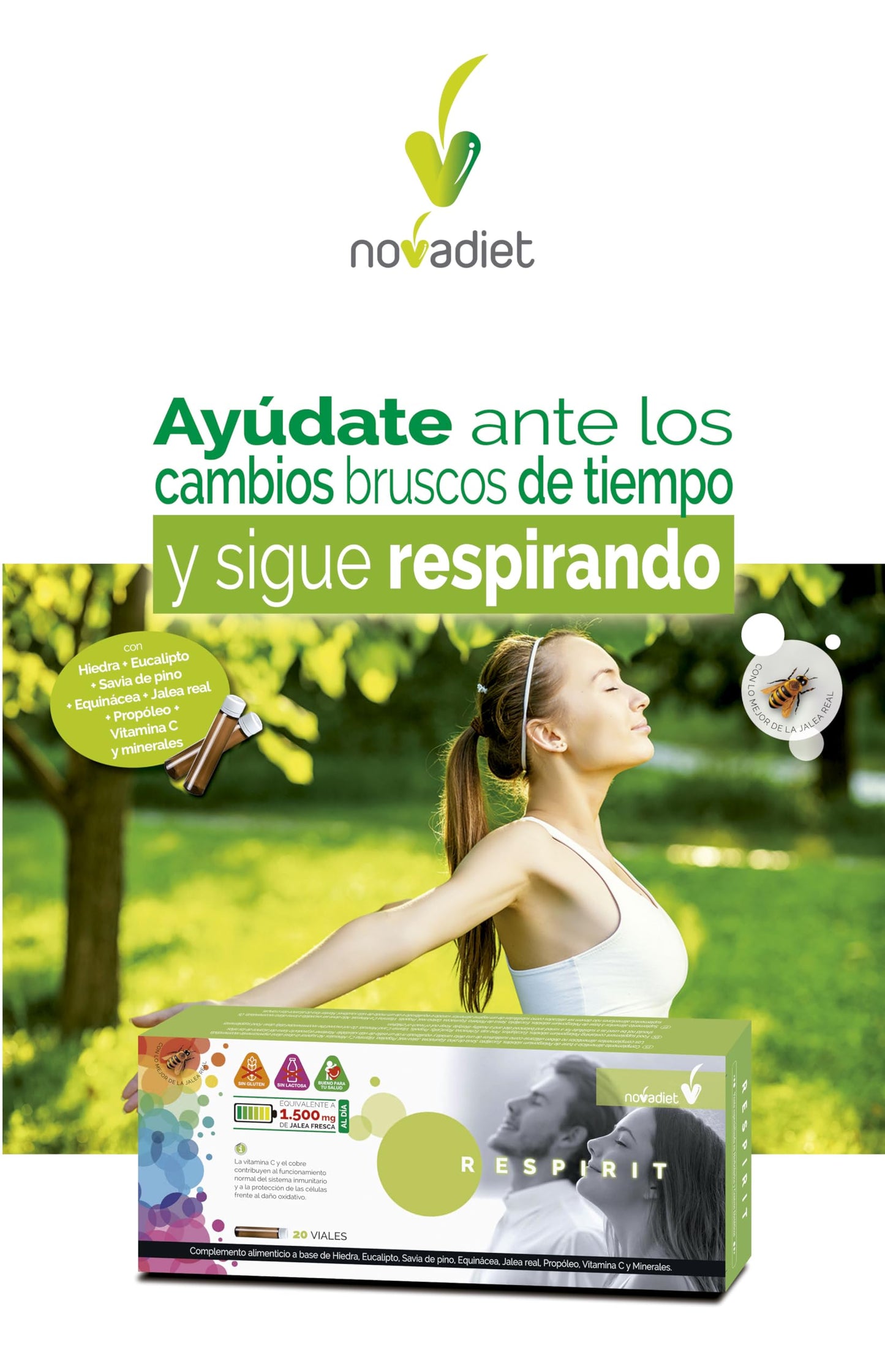 Novadiet - RESPIRIT Viales con Hiedra, Eucalipto, Savia de Pino, Equinácea, Jalea Real, Propóleo, Vitamina C y Minerales - Apoyo Respiratorio y Refuerzo Inmunológico - 20 Viales de 10 ml