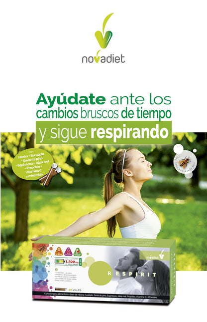 Novadiet - RESPIRIT Viales con Hiedra, Eucalipto, Savia de Pino, Equinácea, Jalea Real, Propóleo, Vitamina C y Minerales - Apoyo Respiratorio y Refuerzo Inmunológico - 20 Viales de 10 ml