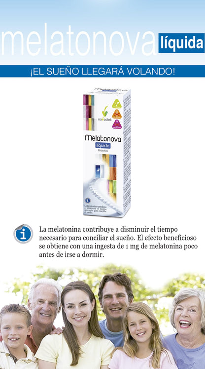 Novadiet - MELATONOVA LÍQUIDA con Melatonina - Para un Sueño Reparador y Revitalizante - Conciliar el Sueño y Alivio del Jet Lag - Acción Antioxidante - Envase de 30 ml