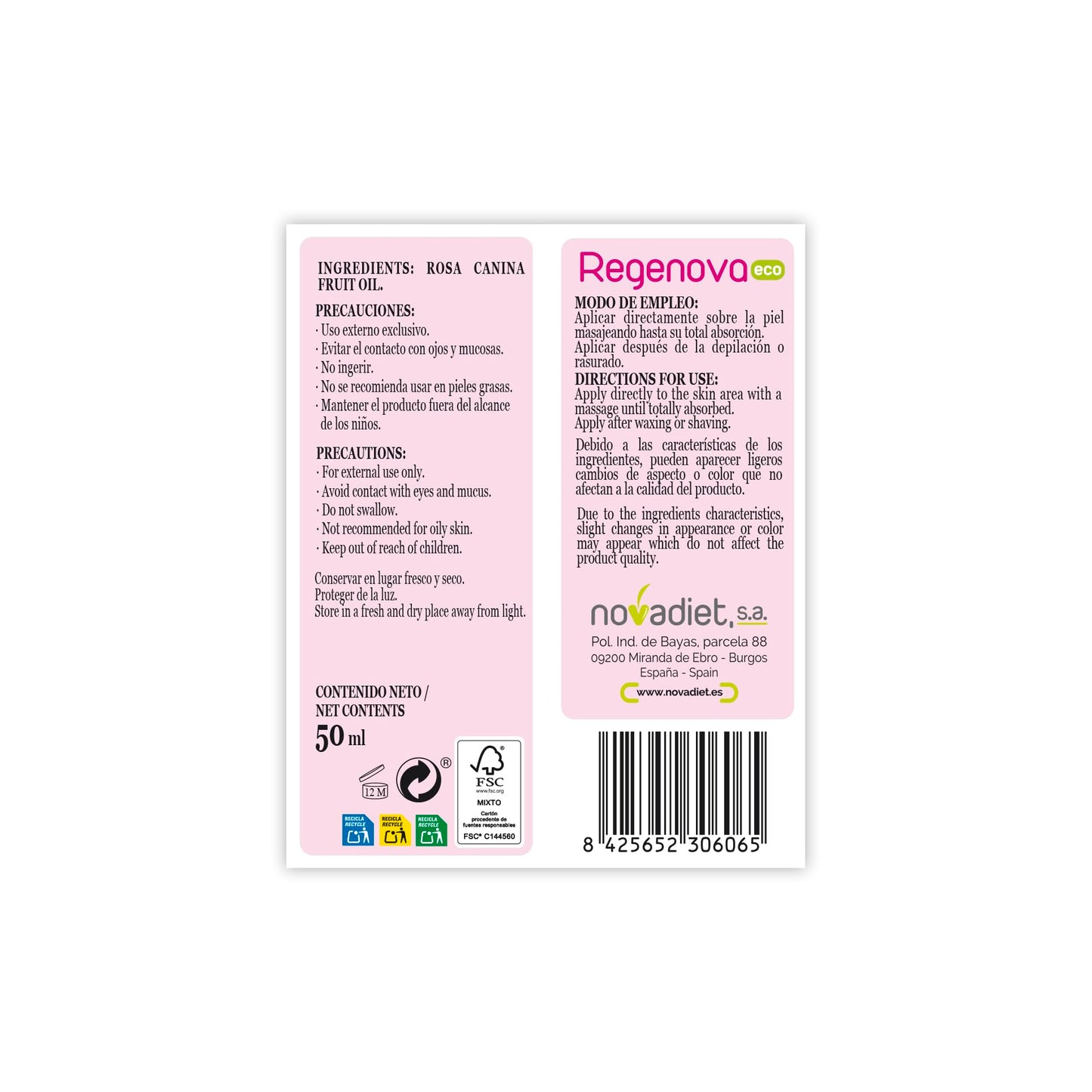 Novadiet - REGENOVA ECO 50 ML con Aceite de Rosa Mosqueta Ecológico - Regeneración y Hidratación Profunda - Promueve Cicatrización y Mejora de Manchas - Uso Externo - Envase 50 ml