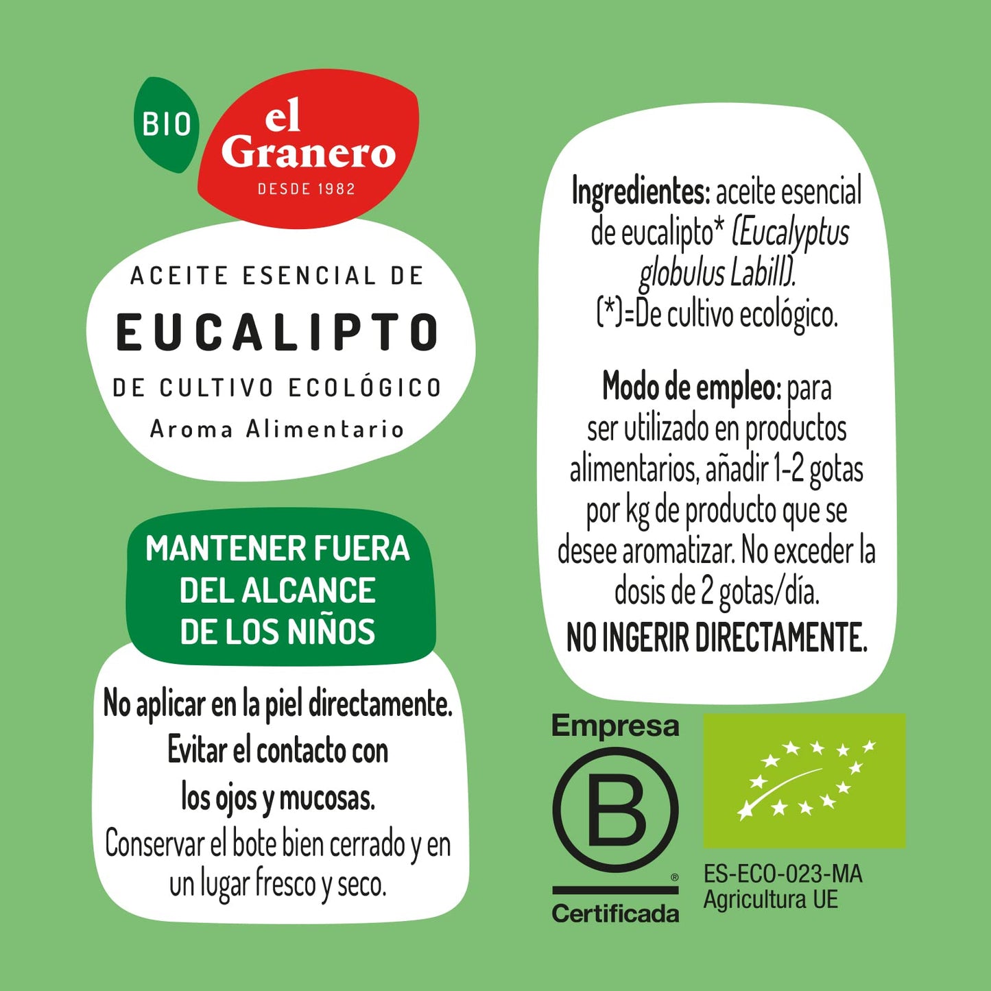 El Granero Integral - Aceite Esencial de Eucalipto Bio - 12 ml - Sin Mezclar con Otros Aceites - Ayuda a la Correcta Salud Respiratoria - Purificador de Ambiente