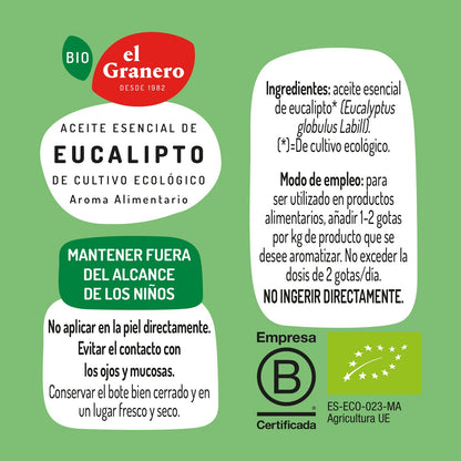 El Granero Integral - Aceite Esencial de Eucalipto Bio - 12 ml - Sin Mezclar con Otros Aceites - Ayuda a la Correcta Salud Respiratoria - Purificador de Ambiente