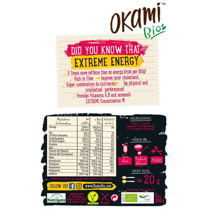 Okami Bio "Extreme Energy" Superfood Powder Mix 200 gr | Mezcla Vegana Orgánica de Maca, Cacao, Guaraná y Jengibre | Te da el mismo impulso que una bebida energética, pero 100% natural.