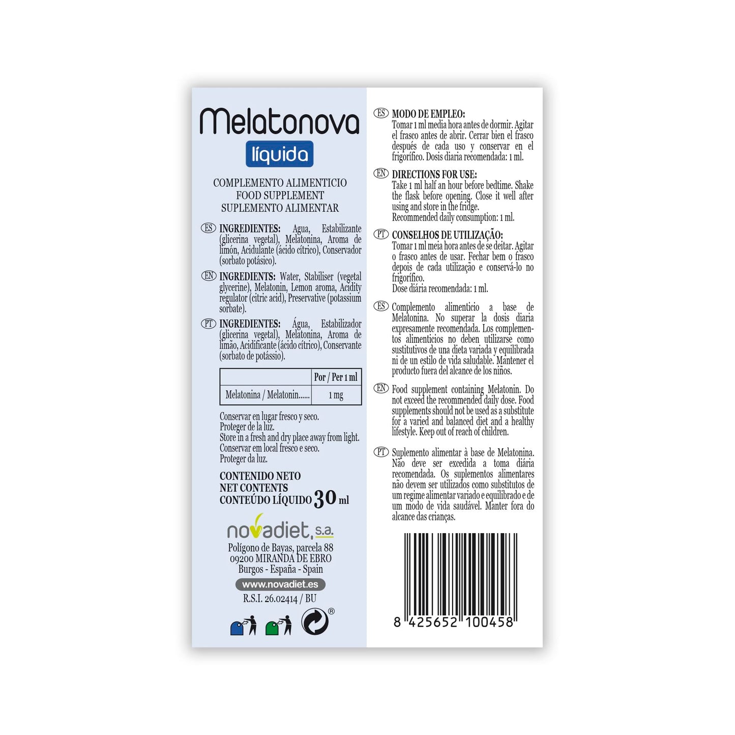 Novadiet - MELATONOVA LÍQUIDA con Melatonina - Para un Sueño Reparador y Revitalizante - Conciliar el Sueño y Alivio del Jet Lag - Acción Antioxidante - Envase de 30 ml