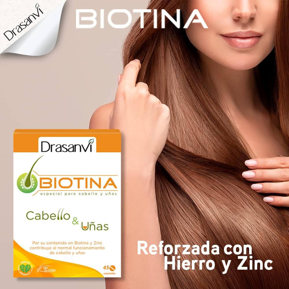 DRASANVI Biotina |contiene Vitamina H, Hierro y Zinc|para cabello y uñas| ayuda a reforzar la función de la queratina|Vitamina esencial|Pelo Sano y Fuerte|45 comprimidos=45días