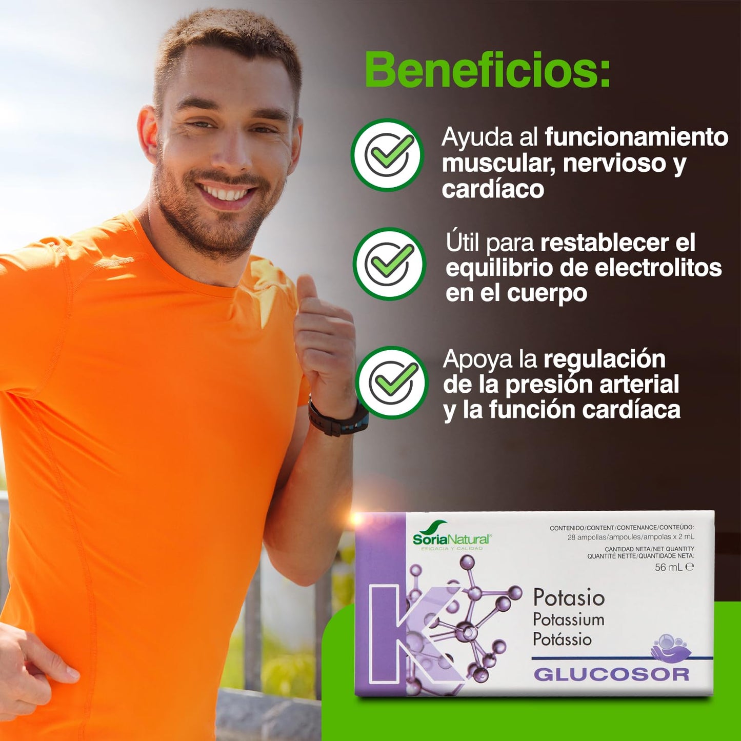 Soria Natural Glucosor Potasio - Suplemento a Base de Potasio en Ampollas – Apoya la Función Muscular, Nerviosa y Cardíaca – Ayuda a Reestablecer Electrolitos del cuerpo -Caja con 28 Ampollas de 2 ml