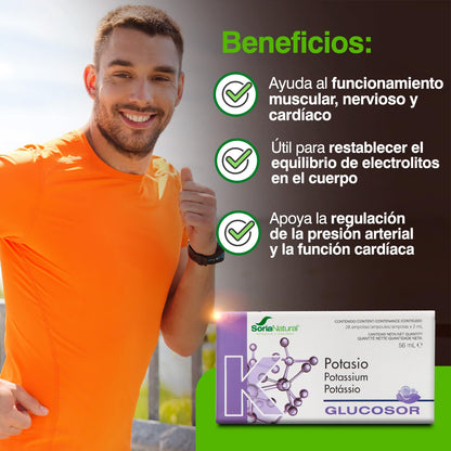 Soria Natural Glucosor Potasio - Suplemento a Base de Potasio en Ampollas – Apoya la Función Muscular, Nerviosa y Cardíaca – Ayuda a Reestablecer Electrolitos del cuerpo -Caja con 28 Ampollas de 2 ml