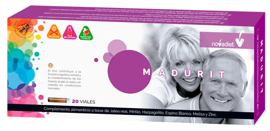 Novadiet - MADURIT Viales con Jalea Real, Mirtilo, Harpagofito, Espino Blanco, Melisa y Zinc - Apoyo para la Madurez y Para la Correcta Función de Huesos, Piel, Visión y Cabello - 20 Viales de 10 ml