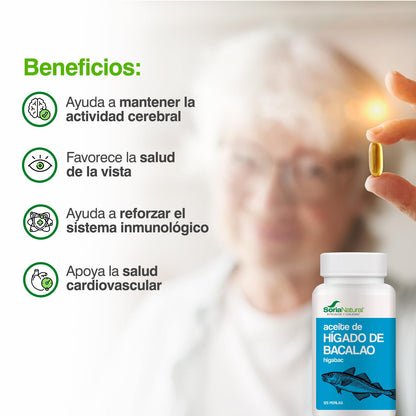 Soria Natural Hígado de Bacalao - Perlas ricas en Omega 3, Vitamina A y Vitamina D para un Corazón Sano - Sistema Circulatorio y Salud Cerebral - 125 Perlas