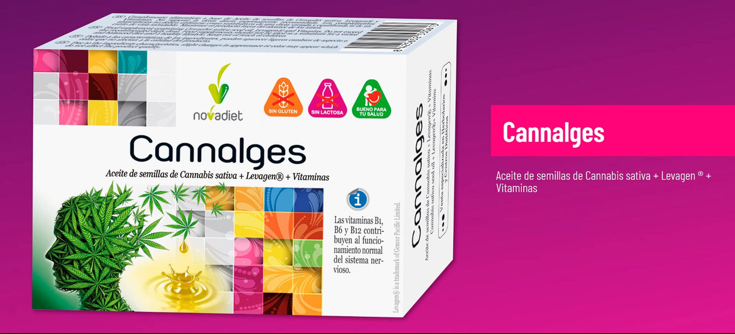 Novadiet - CANNALGES Cápsulas con Aceite de Semillas de Cannabis, Levagen y Vitaminas – Ayuda a Aliviar el Dolor y la Inflamación, al Correcto Funcionamiento Normal del Sistema Nervioso - 30 Cápsulas