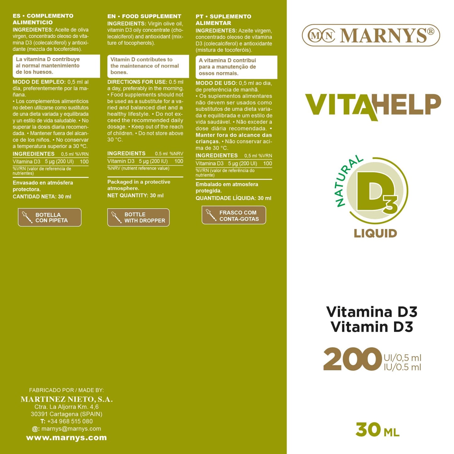 Marnys Vitamina D Líquida, Favoreciendo la Salud Ósea En Todas Las Edades, Botella con Pipeta 30 Ml 80 g
