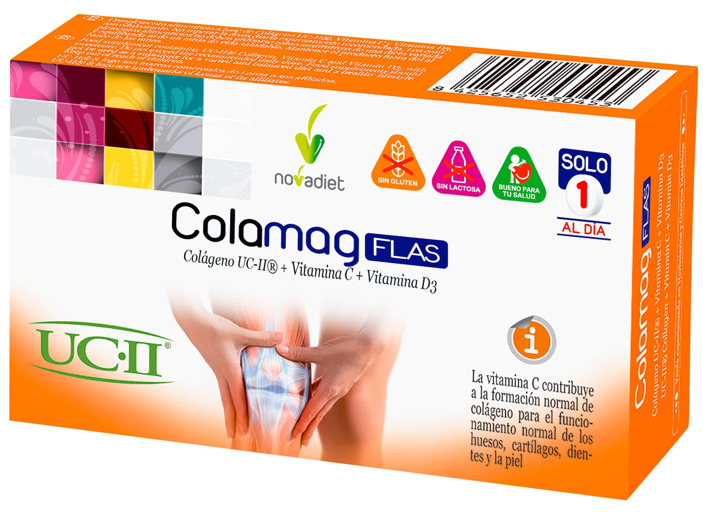 Novadiet - COLAMAG FLAS con Colágeno UC-II, Vitamina C y Vitamina D3 - Para la Formación Normal de Colágeno - Cuidado de Articulaciones, Cartílagos y Piel - 30 Comprimidos
