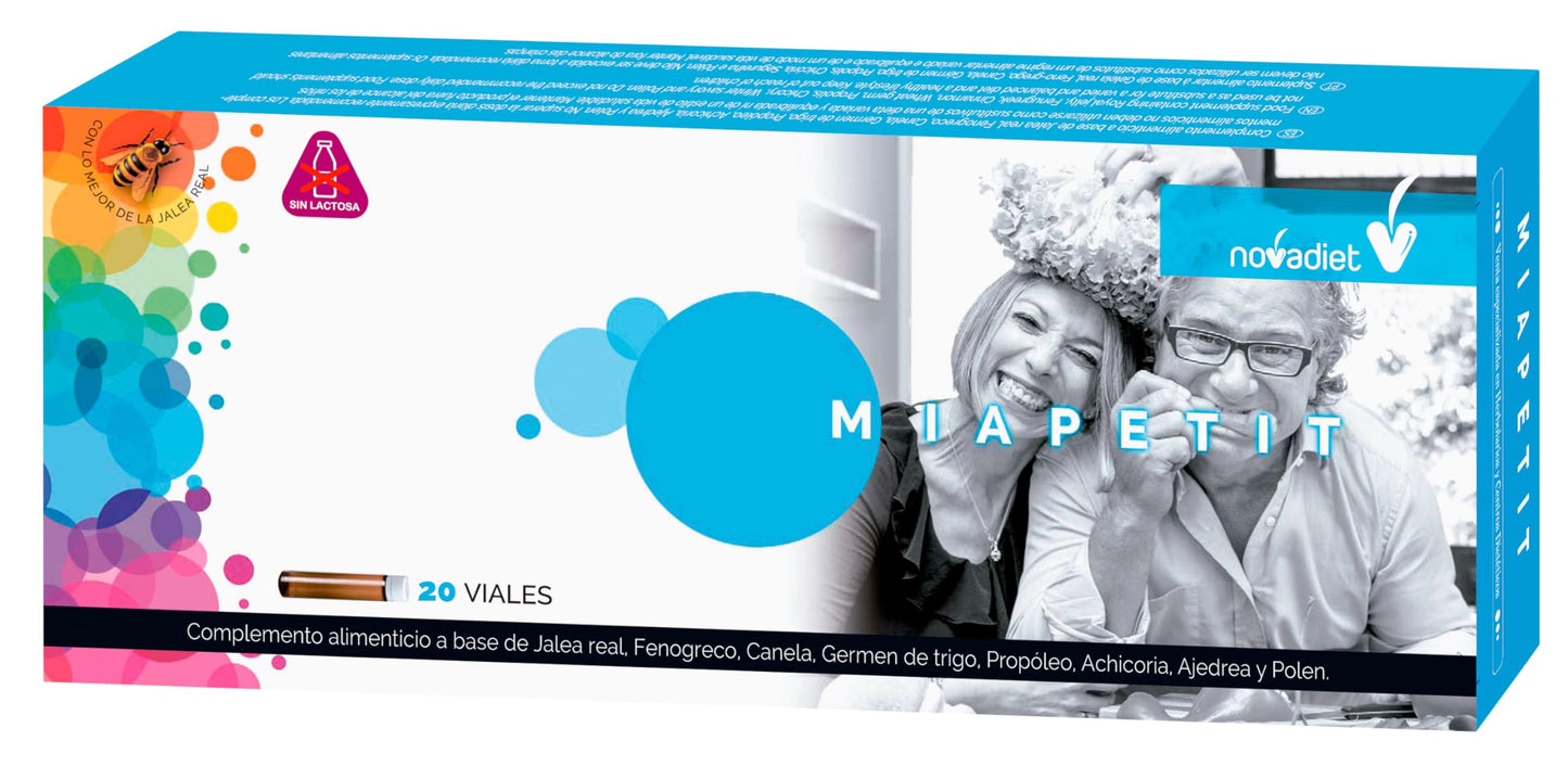 Novadiet - MIAPETIT Viales con Jalea Real, Fenogreco, Canela, Germen de Trigo, Propóleo, Achicoria, Ajedrea y Polen - Apoyo para Disminuir Cansancio y Aumentar el Apetito - 20 Viales de 10 ml