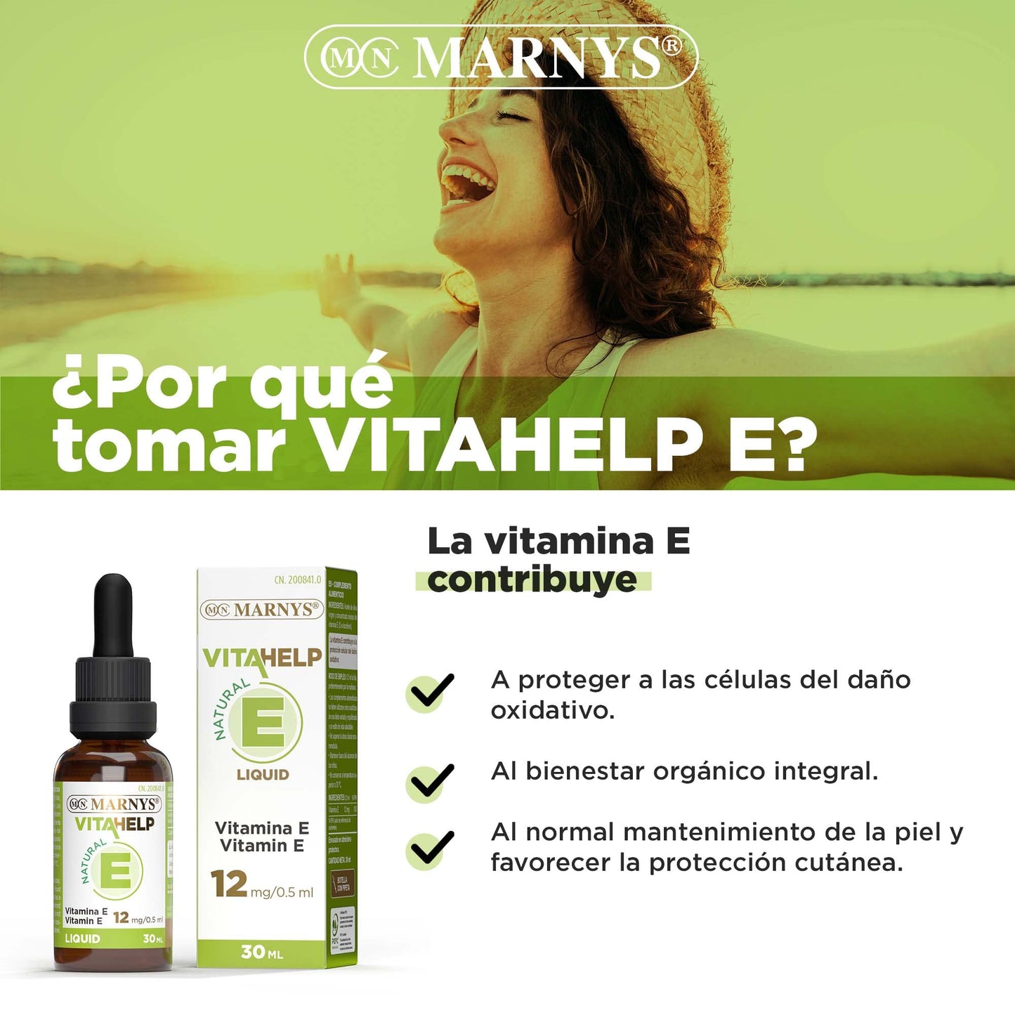 Marnys Vitamina E Líquida, Favorece la Protección Contra los Radicales Libres Oxidativos, Botella con Pipeta 30 Ml, Apta para Veganos 80 g