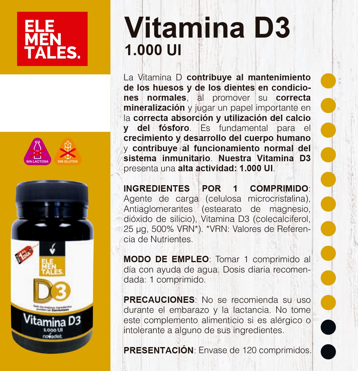 Novadiet - ELEMENTALES VITAMINA D3 Comprimidos con Vitamina D - Para la Salud Ósea y Dental - Promueve el Bienestar General - Refuerza el Sistema Inmunológico - 120 Comprimidos