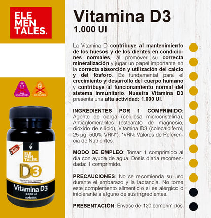 Novadiet - ELEMENTALES VITAMINA D3 Comprimidos con Vitamina D - Para la Salud Ósea y Dental - Promueve el Bienestar General - Refuerza el Sistema Inmunológico - 120 Comprimidos