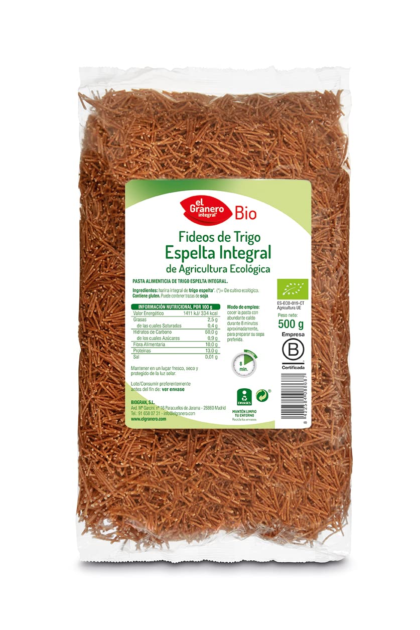 El Granero Integral - Fideos de Trigo Espelta Integral BIO - 500 g - Fuente Rica en Proteínas - Alto Aporte Energético - Ideal para Todas las Recetas de Pasta - Aptos para Veganos