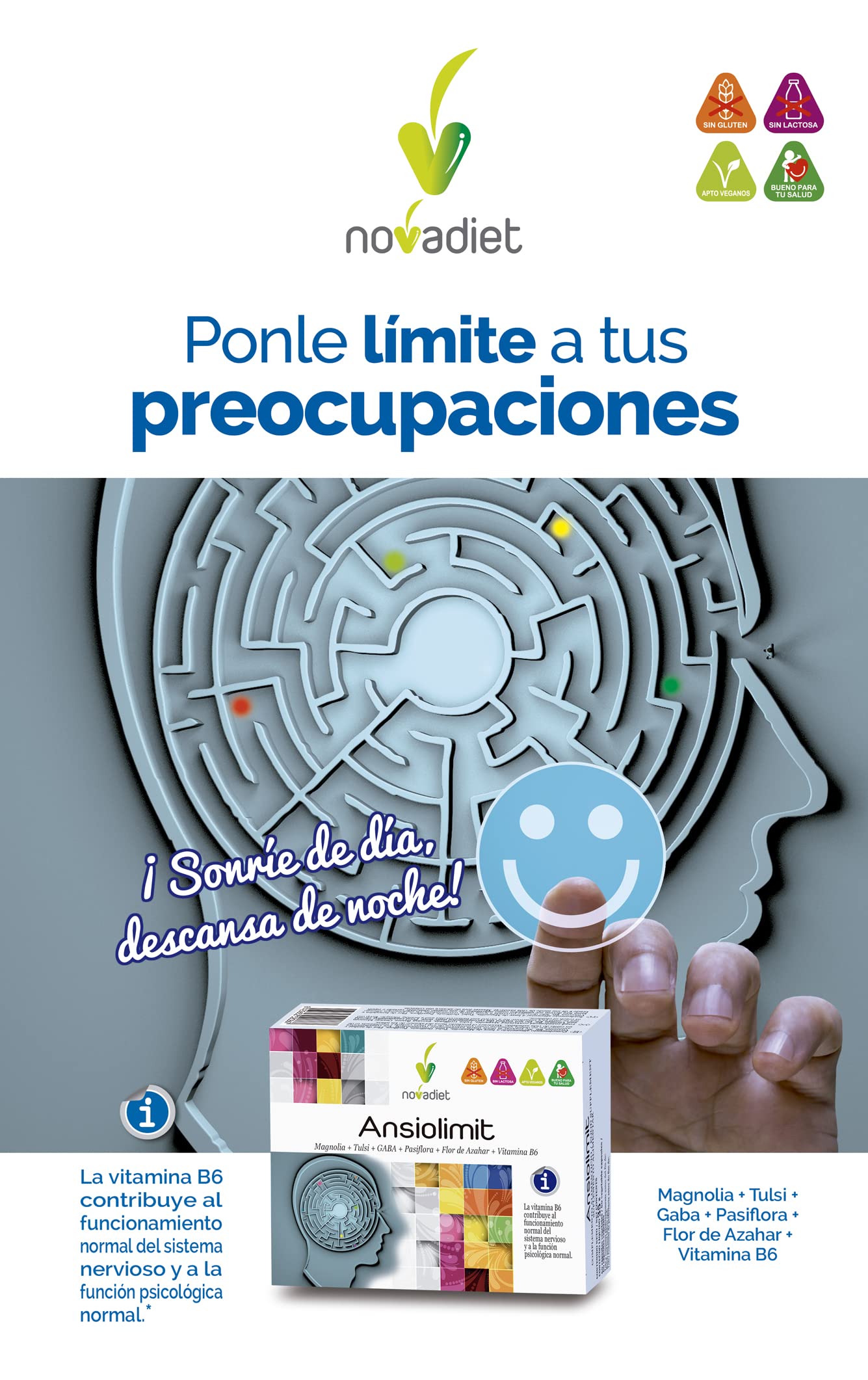 Novadiet - ANSIOLIMIT Cápsulas con Vitamina B6, Magnolia, Tulsi, GABA, Pasiflora, Flor de Azahar, Vitamina B6, Ayuda a Disminuir la Ansiedad, Agobio, Estrés y el Nerviosismo - 60 Cápsulas