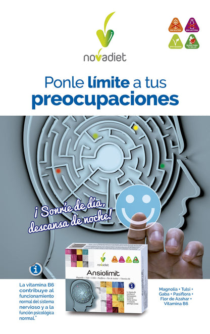 Novadiet - ANSIOLIMIT Cápsulas con Vitamina B6, Magnolia, Tulsi, GABA, Pasiflora, Flor de Azahar, Vitamina B6, Ayuda a Disminuir la Ansiedad, Agobio, Estrés y el Nerviosismo - 60 Cápsulas