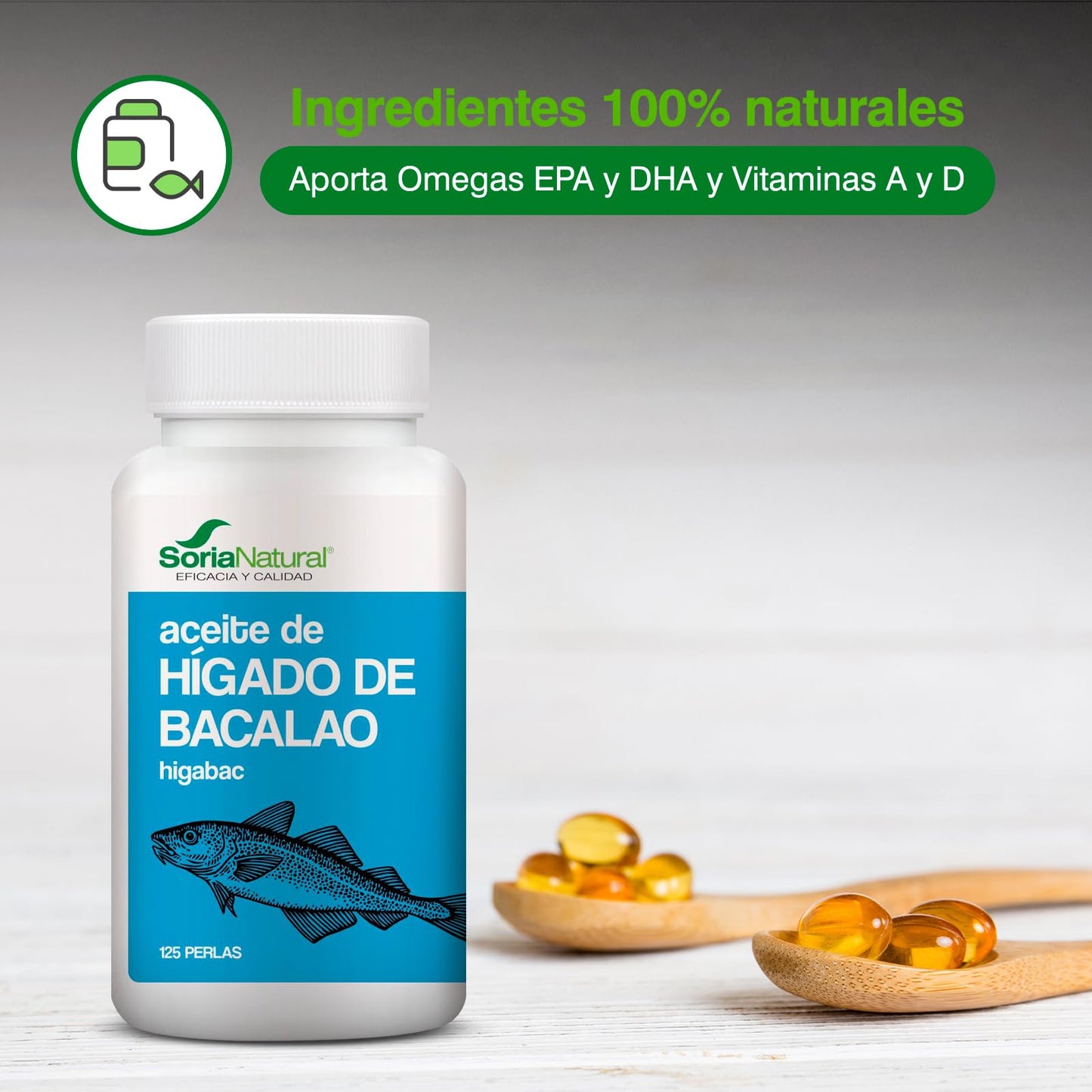 Soria Natural Hígado de Bacalao - Perlas ricas en Omega 3, Vitamina A y Vitamina D para un Corazón Sano - Sistema Circulatorio y Salud Cerebral - 125 Perlas