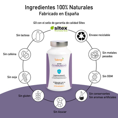 ACTIVE OMEGA 3 IMUNIDAD – CONTRIBUYE AL FUNCIONAMIENTO EL SISTEMA IMUNOLÓGICO | MULTIVITAMINICO CON ACIDOS GRASOS OMEGA 3 | VIITAMINAS A, C, D Y K2 (Menaquinona7) | 60 PERLAS |