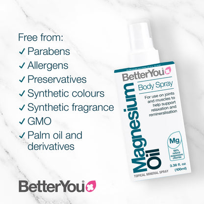 BetterYou - Aceite Corporal de Magnesio Transdérmico | Spray de 100 ml | Ayuda para Mejorar el Descanso y la Recuperación Muscular | Reducción del Cansancio y la Fatiga| Apto para Veganos