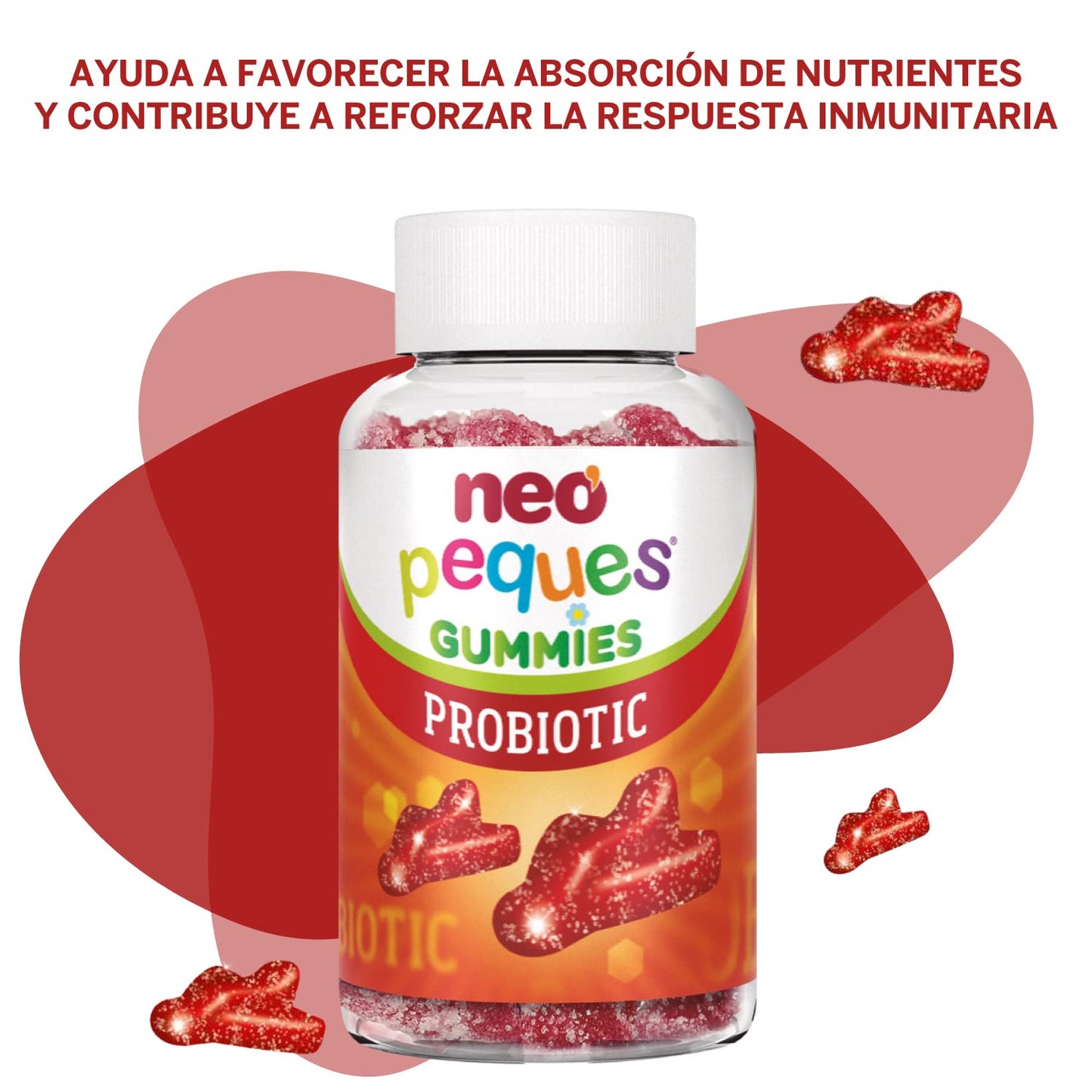 NEO PEQUES | Gummies Probiotic | 30 Gominolas | Beneficiosas para el Sistema Digestivo y las Defensas | Con Probióticos y Vitaminas del Grupo B | Caramelos Masticables para Niños | Sabor Fresa