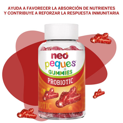 NEO PEQUES | Gummies Probiotic | 30 Gominolas | Beneficiosas para el Sistema Digestivo y las Defensas | Con Probióticos y Vitaminas del Grupo B | Caramelos Masticables para Niños | Sabor Fresa