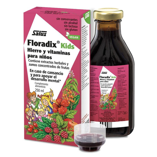 Salus - Floradix Kids Suplemento de Hierro - 250 ml - Reduce el Cansancio y la Fatiga - Contiene Hierro y Vitaminas B1, B2, B6, B12 y C - Apoya el Desarrollo Mental y la Función Cognitiva